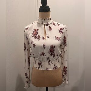 Coco+Jaimeson Cropped Long-sleeve Blouse Smocked, Keyhole at neck.